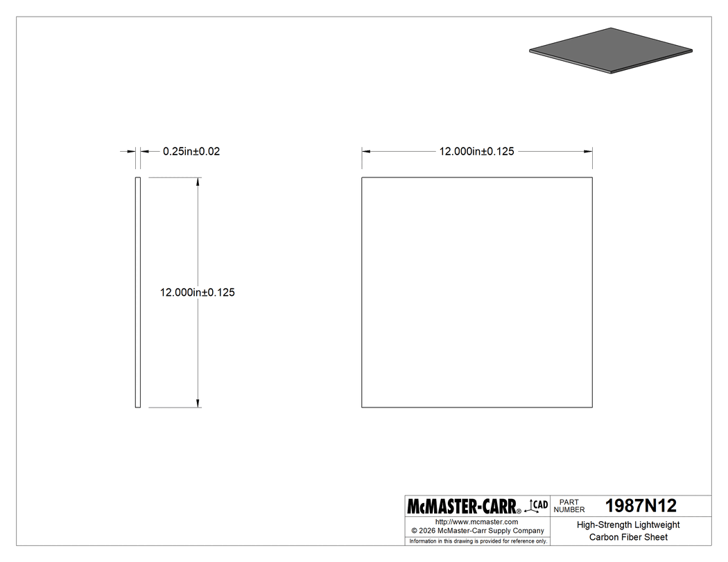 Technical Drawing of High-Strength Lightweight Carbon Fiber Sheet, with Foam Core, 12" x 12" x 1/4".